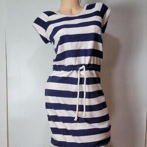 Navy & White Striped Casual Drawstring Waist Cotton Dress Short Sleeve Scoop Nec